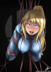 Rule 34 | 1girl, arms behind back, bdsm, blonde hair, blue eyes, blush, bondage, bound, breasts, drooling, covered erect nipples, female focus, hanging breasts, heart, heart-shaped pupils, highres, image sample, impossible clothes, large breasts, long hair, looking at viewer, metroid, mole, nintendo, open mouth, pixiv sample, ponytail, restrained, rope, saliva, samus aran, solo, super smash bros., suspension, symbol-shaped pupils, tongue, tongue out, zero suit
