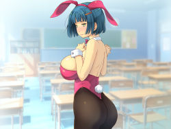 Rule 34 | 1girl, animal ears, ass, back, bare arms, bare back, bare shoulders, blue hair, blush, bow, bowtie, breasts, chair, chalkboard, classroom, closed mouth, cowboy shot, curvy, desk, fake animal ears, fake tail, from behind, green eyes, hand on own chest, hip focus, indoors, large breasts, legs, leotard, looking back, netori musou life &quot;100 netori haramase no sainou!&quot;, original, pantyhose, pink leotard, playboy bunny, rabbit ears, rabbit tail, shiny skin, short hair, shy, solo, standing, tail, thighs, wide hips, wrist cuffs, yoko juusuke