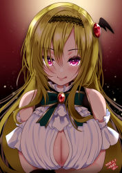 Rule 34 | 1girl, absurdres, backlighting, bare shoulders, blonde hair, blush, breasts, brooch, cleavage, closed mouth, commentary request, dated, frills, hair between eyes, hair ornament, hairband, highres, idolmaster, idolmaster cinderella girls, jewelry, kurosaki chitose, large breasts, long hair, looking at viewer, neck ribbon, off shoulder, purple eyes, ribbon, shirt, signature, smile, solo, tongue, tongue out, upper body, white shirt, yuzuri ai