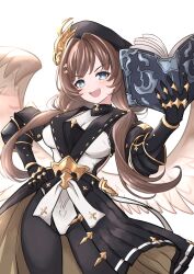 Rule 34 | 1girl, :d, angel wings, armor, belt, black cape, black gloves, black pantyhose, blue eyes, book, breasts, brown hair, cape, cleavage, commentary request, cowboy shot, feathered wings, gloves, granblue fantasy, hair between eyes, hair intakes, hand on own hip, highres, holding, holding book, impossible clothes, leotard, long hair, looking at viewer, low twintails, medium breasts, open book, open mouth, pantyhose, peru (pe ru 5), raziel (granblue fantasy), smile, solo, twintails, white belt, white leotard, white wings, wings