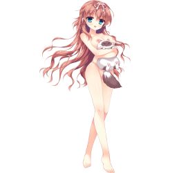 Rule 34 | 1girl, animal, barefoot, blue eyes, breasts, brown hair, cat, censored, crossed arms, full body, hair ribbon, highres, holding, holding animal, long hair, medium breasts, mosaic censoring, nekojou hinana, nipples, nude, official art, open mouth, pussy, ribbon, solo, transparent background, wan nyan a la mode!, wori