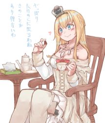Rule 34 | 1girl, az toride, blonde hair, blue eyes, box, braid, chair, chocolate, crossed legs, crown, cup, dress, feet out of frame, flower, french braid, hairband, jewelry, kantai collection, long hair, long sleeves, mini crown, necklace, off-shoulder dress, off shoulder, red flower, red ribbon, red rose, ribbon, rose, simple background, sitting, smile, solo, table, teacup, teapot, thighhighs, translation request, warspite (kancolle), white background, white dress, white thighhighs