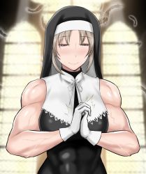 Rule 34 | abs, biceps, breasts, cracking knuckles, feathers, grey hair, half-closed eyes, muscular, muscular female, nijisanji, nun, shibusun, sister claire, sister claire (1st costume), solo, veins, virtual youtuber
