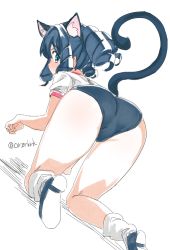 Rule 34 | 10s, 1girl, animal ears, ass, black hair, blush, buruma, cat ears, cat tail, curly hair, cyan (show by rock!!), extra ears, green eyes, loose socks, nape, paw pose, pointy ears, rkrk, shadow, show by rock!!, simple background, socks, solo, tail, underwear, white background