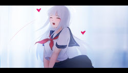 Rule 34 | 1girl, blue sailor collar, blue skirt, closed eyes, facing viewer, halo, heart, letterboxed, long hair, motion lines, neckerchief, open mouth, original, pleated skirt, red neckerchief, sailor collar, saliva, school uniform, serafuku, shimmer, shirt, short sleeves, skirt, solo, teeth, upper teeth only, very long hair, white hair, white shirt
