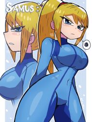 Rule 34 | 1girl, absurdres, angry, blonde hair, blue bodysuit, blue eyes, blush, bodysuit, breasts, covered navel, dot nose, ears, female focus, highres, large breasts, long hair, looking at viewer, metroid, nintendo, ponytail, samus aran, sidelocks, solo, standing, thick thighs, thighs, tony welt, wide hips, zero suit