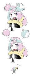 Rule 34 | 1girl, aqua hair, character hair ornament, creatures (company), dede (qwea 00000), floating, game freak, hair ornament, highres, iono (pokemon), jacket, korean commentary, long sleeves, multicolored hair, nintendo, open mouth, oversized clothes, pink eyes, pink hair, pokemon, pokemon sv, running, sharp teeth, simple background, smile, teeth, two-tone hair, white background, yellow jacket