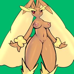 Rule 34 | 1girl, absurdres, animal ears, black sclera, boiful, breasts, cleft of venus, colored sclera, creatures (company), female focus, furry, furry female, game freak, gen 4 pokemon, green background, highres, large breasts, lopunny, navel, nintendo, nipples, nude, pokemon, pokemon (creature), pussy, rabbit ears, rabbit tail, red eyes, shiny skin, simple background, solo, standing, tail, thick thighs, thighs, uncensored