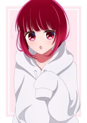 1girl :o absurdres arima_kana blush bob_cut border highres hood hoodie inverted_bob long_sleeves looking_at_viewer medium_hair nm_(blue-rapid) open_mouth oshi_no_ko pink_background red_eyes red_hair short_hair simple_background solo white_border white_hoodie