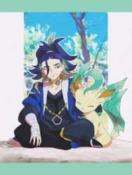 Rule 34 | 1boy, adaman (pokemon), arm wrap, blue coat, blue hair, brown eyes, closed mouth, coat, collar, collarbone, commentary, creatures (company), eyebrow cut, game freak, gen 4 pokemon, hair tie, hand up, headpat, highres, hungry seishin, jewelry, leafeon, letterboxed, looking to the side, male focus, medium hair, neck ring, nintendo, open clothes, open coat, pokemon, pokemon (creature), pokemon legends: arceus, sitting, smile, split mouth, tree