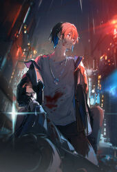 Rule 34 | 2boys, absurdres, black jacket, black sleeves, blood, blood on clothes, blood on face, blue eyes, blue shirt, brown hair, chinese commentary, city, closed mouth, cloud, cloudy sky, collarbone, collared jacket, commentary request, corpse, drop earrings, earrings, expressionless, gloves, glowing, glowing eyes, gold earrings, grey gloves, highres, jacket, jewelry, leather, leather jacket, light frown, long sleeves, looking to the side, male focus, multiple boys, neck, night, open clothes, open jacket, original, poifree, power lines, rain, red pupils, shirt, shirt grab, short hair, sky, solo focus, t-shirt, white shirt
