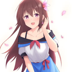 Rule 34 | 1girl, :d, adjusting hair, akahi242, blue skirt, blush, bra strap, brown hair, cherry blossoms, earrings, flower, hair between eyes, hair flower, hair ornament, jewelry, kantai collection, kisaragi (kancolle), long hair, looking at viewer, off-shoulder shirt, off shoulder, open mouth, petals, purple eyes, red ribbon, ribbon, shell, shell earrings, shirt, short sleeves, simple background, skirt, smile, solo, upper body, white background, white shirt
