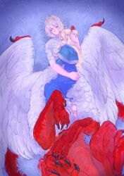 Rule 34 | 2girls, absurdres, blonde hair, centauroid, chimera, claws, closed eyes, cuddling, dungeon meshi, elf, falin touden, falin touden (chimera), feathered wings, feathers, grey hair, highres, hug, marcille donato, multiple girls, pointy ears, robe, sandals, scales, sleeping, tanukimo imo, taur, white feathers, wings, yuri