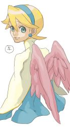 Rule 34 | 1girl, blonde hair, blue eyes, breath of fire, breath of fire iv, closed mouth, dress, earrings, feathered wings, hairband, jewelry, looking at viewer, nina (breath of fire iv), oko (ocotaros), short hair, simple background, smile, solo, very short hair, white background, wings