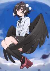 Rule 34 | 1girl, arms between legs, bird wings, black hair, black neckwear, black ribbon, black skirt, black socks, black wings, blue sky, blush, closed mouth, cloud, collared shirt, commentary request, day, eyelashes, feathered wings, feathers, full body, hat, highres, light smile, lips, long sleeves, nurupo (abooon), pom pom (clothes), red eyes, red footwear, red hat, ribbon, ribbon-trimmed skirt, ribbon trim, shameimaru aya, shirt, short hair, skirt, sky, smile, socks, solo, tokin hat, touhou, v arms, white shirt, wing collar, wings