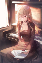 Rule 34 | 1girl, black dress, black jacket, blonde hair, blurry, breasts, character request, cleavage, closed mouth, collar, collarbone, copyright request, day, depth of field, detached collar, dress, frilled collar, frills, giving, hair between eyes, hair intakes, highres, higyaku no noel, instrument, jacket, light particles, long hair, medium breasts, paper, piano, rangu, red eyes, sidelocks, sitting, smile, solo, sunlight, swept bangs, upright piano