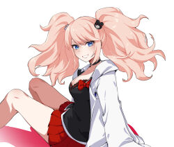 Rule 34 | 1girl, arm support, bear hair ornament, black choker, black shirt, blonde hair, bow, breasts, choker, cleavage, collarbone, danganronpa: trigger happy havoc, danganronpa (series), enoshima junko, grin, hair ornament, highres, hy (fjvlg), jacket, medium breasts, miniskirt, open clothes, open jacket, red bow, red skirt, shirt, simple background, sitting, skirt, smile, solo, teeth, twintails, white background, white jacket