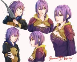 Rule 34 | 1girl, angerykacchan, bernadetta von varley, bow (weapon), breasts, character name, cleavage, closed mouth, fire emblem, fire emblem: three houses, from side, garreg mach monastery uniform, grey eyes, holding, holding bow (weapon), holding weapon, long sleeves, multiple views, nintendo, parted lips, purple hair, short hair, simple background, smile, uniform, upper body, weapon, white background