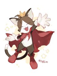 Rule 34 | 1other, black fur, cait sith (ff7), cape, cat, closed eyes, crown, facing viewer, fangs, final fantasy, final fantasy vii, full body, gloves, hanaon, highres, mini crown, open mouth, outstretched arms, red cape, red footwear, smile, sparkle, star (symbol), twitter username, two-tone fur, white background, white fur, white gloves