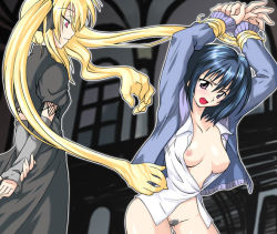 Rule 34 | 00s, 2girls, arms behind back, arms up, bdsm, black cat (series), blonde hair, blue hair, blush, bondage, bottomless, bound, bound wrists, breasts, detached sleeves, dress, eve (black cat), female pubic hair, hair ribbon, kirisaki kyouko, long hair, mikagami sou, multiple girls, naughty face, nipples, no bra, no panties, open clothes, open shirt, pink eyes, prehensile hair, pubic hair, purple eyes, rape, ribbon, shirt, short hair, smile, turtleneck, twintails, uncensored, very long hair, yuri