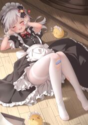 Rule 34 | 1girl, absurdres, alternate costume, apron, azur lane, black dress, blush, bow, bowtie, chinese commentary, closed eyes, commentary request, crying, dress, enmaided, fallen down, flandre (azur lane), flandre (if love is a sin thou art forgiven) (azur lane), headdress, heart, highres, low twintails, lying, maid, maid apron, manjuu (azur lane), medium hair, on back, open mouth, pantyhose, petticoat, puffy short sleeves, puffy sleeves, qian hen, red bow, red bowtie, rubbing eyes, scraped knee, short sleeves, smile, solo, swept bangs, thighband pantyhose, torn clothes, torn pantyhose, twintails, waist apron, white apron, white pantyhose, wooden floor, wrist cuffs