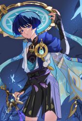 1boy anemo_symbol_(genshin_impact) arm_at_side belt black_belt black_bodysuit black_bow black_bridal_gauntlets black_shorts blue_cape blue_gemstone blue_hat blue_kimono blunt_ends bodysuit bow bridal_gauntlets bright_pupils cape cowboy_shot eyeliner eyeshadow feathers gem genshin_impact gold gold_ring hakama hakama_shorts han&#039;eri hand_up hat highres japanese_clothes jingasa kimono layered_kimono looking_at_viewer makeup male_focus mandarin_collar middle_ring nece6556 night night_sky open_clothes open_kimono open_mouth outdoors pleated_shorts pom_pom_(clothes) purple_eyes purple_hair purple_rope purple_sash red_eyeliner red_eyeshadow rope sash scaramouche_(genshin_impact) short_sleeves shorts shoulder_peek sky solo star_(sky) starry_sky tassel vision_(genshin_impact) wanderer_(genshin_impact) white_kimono white_mouth white_pupils white_sleeves yellow_feathers