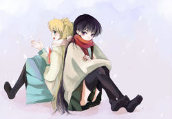 Rule 34 | 1990s (style), 2girls, back-to-back, bad id, bad pixiv id, bishoujo senshi sailor moon, black hair, blonde hair, double bun, feet, hino rei, long hair, multiple girls, nako, nako (nonrain), scarf, school uniform, sitting, snow, thighhighs, tsukino usagi, twintails, very long hair, winter