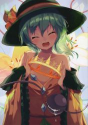 Rule 34 | 1girl, ^ ^, ^o^, absurdres, bare shoulders, black hat, blush, bow, bowler hat, buttons, closed eyes, collarbone, crown, eyebrows, flat chest, flower, frilled sleeves, frills, green hair, happy, hat, hat bow, head tilt, highres, holding, igayan, jacket, komeiji koishi, long sleeves, open clothes, open jacket, scan, short hair, solo, string, teardrop, tears, third eye, touhou, wide sleeves, yellow bow, yellow flower, yellow jacket