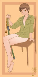 Rule 34 | 1girl, barefoot, breasts, brown eyes, brown hair, chair, cleavage, closed mouth, crossed legs, full body, hair between eyes, highres, holding, holding sword, holding weapon, imperial japanese army, katana, legs, looking at viewer, military, military uniform, no bra, no pants, open clothes, original, sheath, sheathed, short hair, sino (mechanized gallery), sitting, sleeves past elbows, smile, solo, sword, tank top, toes, uniform, weapon, world war ii