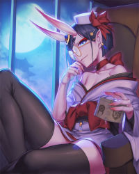 Rule 34 | 1girl, bare shoulders, black thighhighs, blue eyes, breasts, choker, collarbone, earrings, eyeliner, fate/grand order, fate (series), full moon, glasses, hair ornament, hairclip, hat, holding, horns, japanese clothes, jewelry, kimono, looking at viewer, makeup, medium breasts, moon, night, night sky, obi, off shoulder, oni, pointy ears, purple hair, purple kimono, red ribbon, ribbon, ribbon choker, rotix, round eyewear, sash, short hair, short kimono, shuten douji (dress for demons) (fate), shuten douji (fate), sitting, skin-covered horns, skindentation, sky, smile, solo, thighhighs, thighs, wide sleeves, window, zettai ryouiki