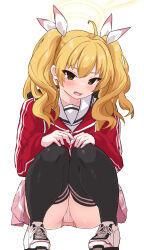 Rule 34 | 1girl, ahoge, ass, black thighhighs, blonde hair, blue archive, blush, collarbone, crotch seam, hand on own knee, highres, jacket, knees together feet apart, looking at viewer, panties, pantyshot, pink panties, pink skirt, red jacket, school uniform, serafuku, shoes, simple background, skirt, sneakers, solo, squatting, thighhighs, twintails, unamaso, underwear, white background, yoshimi (blue archive)