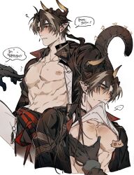 Rule 34 | 1boy, abs, arknights, black coat, blush, brown hair, chong yue (arknights), clothes in mouth, clothes lift, coat, collared coat, doctor (arknights), dragon boy, dragon horns, dragon tail, earrings, grabbing, gyulseu, high collar, highres, horns, jewelry, korean text, lifting own clothes, long hair, looking at another, looking to the side, low ponytail, male focus, mouth hold, multicolored hair, multiple views, muscular, muscular male, nipples, open clothes, open coat, out of frame, parted lips, pectoral grab, pectorals, pointy ears, red eyes, shirt in mouth, shirt lift, speech bubble, streaked hair, tail, toned, toned male, translation request