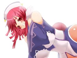 Rule 34 | 1girl, bare shoulders, bent over, blush, breasts, cross, demon girl, female focus, gloves, hat, huge breasts, kuma (kumakuma5), kumakuma, kumakuma5, la pucelle, large breasts, long hair, naughty face, nippon ichi, pantyhose, prier, red eyes, red hair, simple background, smile, solo, thighs, white background, white gloves