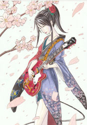 Rule 34 | 1girl, absurdres, aria1982, black hair, cherry blossoms, electric guitar, flower, guitar, hair flower, hair ornament, highres, instrument, japanese clothes, kimono, original, painting (medium), ponytail, short hair, sidelocks, solo, standing, traditional media, watercolor (medium), watercolor pencil (medium)