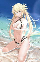 absurdres artoria_caster_(fate) artoria_caster_(swimsuit)_(fate) artoria_caster_(swimsuit)_(first_ascension)_(fate) artoria_pendragon_(fate) beach bikini blonde_hair breasts closed_mouth fate/grand_order fate_(series) green_eyes highres in_water long_hair ocean small_breasts swimsuit twintails user_mmyu8884