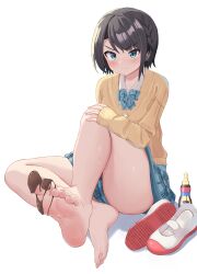 Rule 34 | 1girl, absurdres, alternate costume, barefoot, blue eyes, blue skirt, blush, bow, bowtie, chocolate, chocolate on body, chocolate on foot, embarrassed, feet, feet up, food on body, foot focus, hand on own knee, highres, hololive, kajitsu no hito, looking at viewer, multicolored footwear, oozora subaru, school uniform, shoes, short hair, simple background, sitting, skirt, soles, sweat, sweater, toes, uwabaki, virtual youtuber, white background, white footwear
