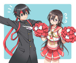 Rule 34 | 2boys, alternate costume, arm up, bare shoulders, black eyes, black hair, blush, brown hair, cheerleader, collarbone, crop top, crossdressing, dual persona, flying sweatdrops, gloves, hairband, hand up, hands up, holding, kirito, kirito (sao-ggo), long hair, looking at viewer, midriff, multiple boys, navel, notice lines, outstretched arm, pleated skirt, pom pom (cheerleading), red hairband, red skirt, ribbon, shirt, short hair, shoura, skirt, sweatdrop, sword art online, wavy mouth, white gloves, white shirt, yellow ribbon