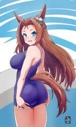 Rule 34 | 1girl, absurdres, animal ears, ass, blue eyes, blue one-piece swimsuit, breasts, brown hair, commentary request, competition school swimsuit, competition swimsuit, cowboy shot, hair intakes, highres, horse ears, horse girl, horse tail, kawakami princess (umamusume), large breasts, libella cowdery, long hair, multicolored background, one-piece swimsuit, open mouth, school swimsuit, smile, solo, swimsuit, tail, tracen swimsuit, umamusume