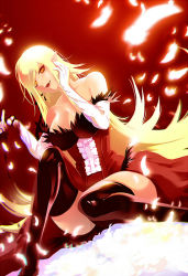 Rule 34 | 1girl, aged up, bad id, bad pixiv id, bare shoulders, blonde hair, breasts, cleavage, collarbone, dress, elbow gloves, falling feathers, fangs, feather trim, feathers, fur trim, gloves, glowing, haru12saku4733, kiss-shot acerola-orion heart-under-blade, knee up, large breasts, long hair, looking at viewer, oshino shinobu, parted lips, pointy ears, red dress, sitting, solo, strapless, strapless dress, swept bangs, thighhighs, vampire, very long hair, yellow eyes