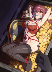 Rule 34 | 1girl, absurdres, armpits, arms behind head, bdsm, black thighhighs, bondage, bound, breasts, cleave gag, cloth gag, coin, cokeanut10, feet, gag, gagged, hat, heterochromia, highres, holding, holding key, hololive, houshou marine, improvised gag, key, large breasts, long hair, money, no panties, pov, pov hands, red eyes, red hair, restrained, shibari, sweat, thighhighs, treasure chest, unworn hat, unworn headwear, virtual youtuber, yellow eyes