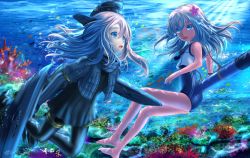 Rule 34 | 10s, 2girls, blonde hair, blue eyes, bodysuit, coral, crop top, cropped jacket, dual persona, freediving, garrison cap, hat, kantai collection, kein hasegawa, long hair, long sleeves, multiple girls, ocean, one-piece tan, open mouth, puffy long sleeves, puffy sleeves, ro-500 (kancolle), scenery, school swimsuit, swimsuit, swimsuit under clothes, tan, tanline, torpedo, u-511 (kancolle), underwater