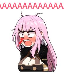 Rule 34 | 1girl, blood, blush, breasts, cleavage, commentary, ddolbang, english commentary, highres, hololive, hololive english, large breasts, long hair, messy hair, mori calliope, mori calliope (1st costume), nosebleed, open mouth, pink hair, red eyes, simple background, solo, spikes, teeth, upper body, upper teeth only, virtual youtuber, white background