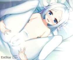 Rule 34 | 1girl, :d, ahoge, aties20, bed sheet, blue eyes, blush, breasts, cameltoe, commentary request, dutch angle, feet out of frame, forehead, knees up, lying, nipples, no panties, no pants, nose blush, on back, open mouth, original, pantyhose, pillow, small breasts, smile, solo, topless, underwear, underwear only, white hair, white pantyhose