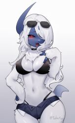 Rule 34 | 1girl, absol, animal nose, areola slip, artist name, aviator sunglasses, bikini, bikini under clothes, black bikini, black choker, blue horns, blue shorts, blue skin, blush, body fur, breasts, bright pupils, choker, colored skin, covered erect nipples, creatures (company), eyewear on head, fang, female focus, furry, furry female, game freak, gen 3 pokemon, gradient background, grey background, hair over one eye, half-closed eyes, hand on own chest, hand on own hip, hand up, happy, highleg, highleg bikini, highres, horns, large breasts, long hair, looking at viewer, micro shorts, navel, neck fur, nintendo, one eye covered, open fly, open mouth, personification, pocket, pokemon, pokemon (creature), raised eyebrows, red eyes, shiny skin, shorts, sidelocks, signature, simple background, single horn, smile, solo, stomach, sunglasses, swimsuit, tail, tongue, twitter username, white fur, white hair, white pupils, wide hips, yuii (yuika9200)