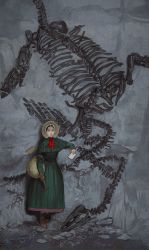 Rule 34 | 1girl, absurdres, ankle boots, archeology, basket, black hair, blue eyes, bonnet, boots, brown footwear, capelet, commentary, dress, english commentary, forehead, fossil, full body, gloves, green capelet, green dress, hammer, highres, historical, historical event, mary anning, mossacannibalis, palaeontology, plesiosaur, real life, short hair, single glove, solo focus, standing, stone wall, wall