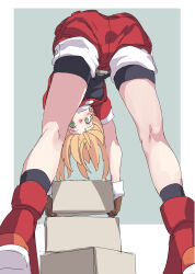 Rule 34 | 1girl, absurdres, bent over, bike shorts, bike shorts under shorts, blonde hair, border, box, brown gloves, commentary, cropped jacket, gloves, green background, green eyes, highres, holding, holding box, huanxiang huifeng, jacket, kneepits, lifting object, looking at viewer, looking through own legs, mega man (series), mega man legends (series), outside border, red footwear, red jacket, red shorts, roll caskett (mega man), shorts, sketch, solo, spandex, thighs, white border