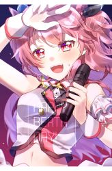 Rule 34 | 1girl, blush, bow, commentary, crop top, hair bow, happy birthday, harusawa, highres, idol, long hair, microphone, momoi airi, navel, open mouth, pink eyes, pink hair, project sekai, smile, solo, sweat, two side up, wrist cuffs