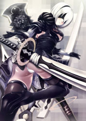Rule 34 | 1girl, android, ass, black dress, black footwear, blindfold, boots, breasts, dress, feather trim, feathers, gloves, hairband, high heel boots, high heels, juliet sleeves, lips, long sleeves, medium breasts, nier (series), nier:automata, parted lips, puffy sleeves, red lips, shiny clothes, short hair, silver hair, solo, thigh boots, thighhighs, thighs, weapon, 2b (nier:automata)