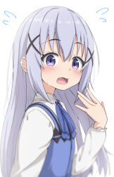 Rule 34 | 1girl, blue bow, blue hair, blue vest, blush, bow, collared shirt, commentary request, flying sweatdrops, from side, gochuumon wa usagi desu ka?, hair between eyes, hair ornament, hand up, highres, kafuu chino, long hair, long sleeves, looking at viewer, looking to the side, open mouth, puffy long sleeves, puffy sleeves, purple eyes, rabbit house uniform, shirt, simple background, solo, takasuma hiro, uniform, upper body, very long hair, vest, waitress, white background, white shirt, x hair ornament