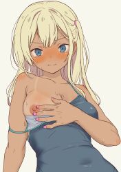 Rule 34 | 1girl, absurdres, bare shoulders, blonde hair, blue eyes, blush, breasts, breasts out, cleavage, collarbone, daipunch, dark skin, embarrassed, hand on own chest, highres, looking at viewer, medium breasts, nipples, original, pink nails, solo, strap pull, sweat, swimsuit, tagme, tan, tanline